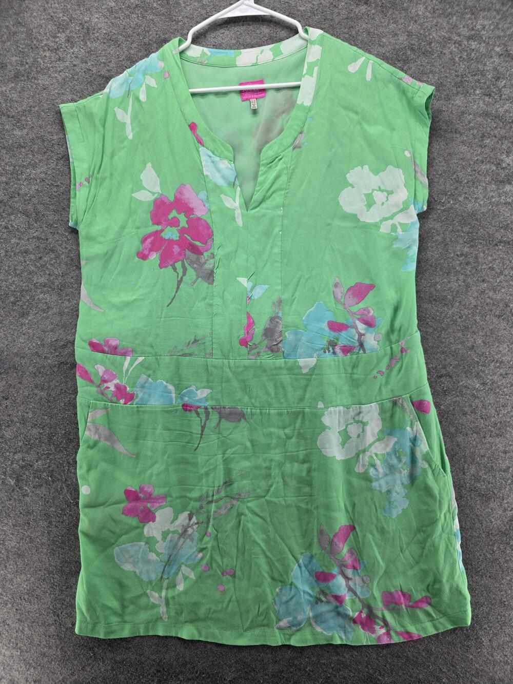 Joules Dress Womens 12 Green Floral Shift Knee Length V-Neck Lined Cap Sleeve